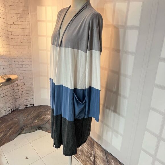 Amaryllis Multicolor Striped Colorblock Long Open Front Cardigan Sweater Size 2X - Picture 3 of 11